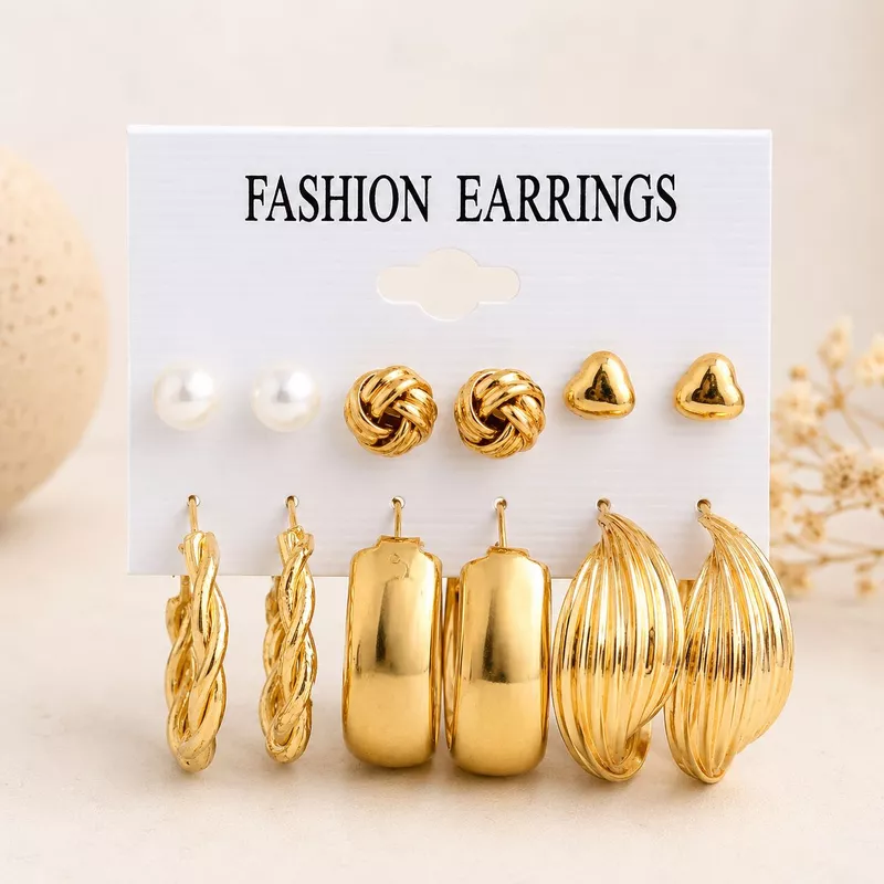 6-Pair Gold Plated Earrings Set for Women – Pearl, Heart Stud & Hoop Earrings Collection