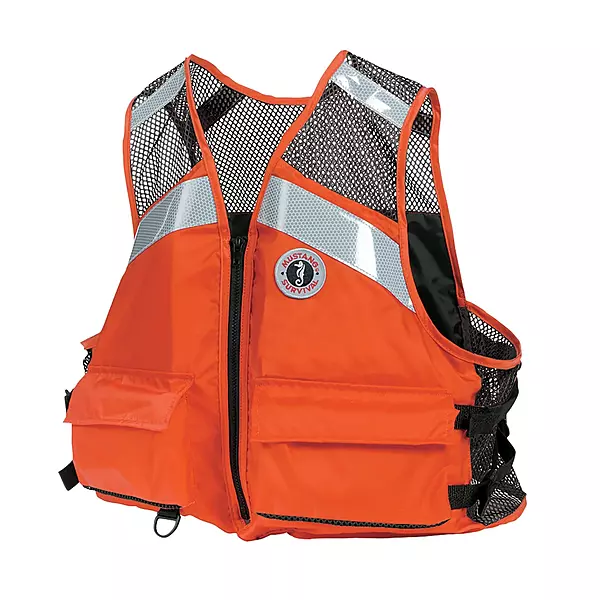 MUSTANG SURVIVAL - Industrial Mesh Vest with Solas Reflective Tape (Orange - 5XL) - USCG Approved, Large Front Pockets