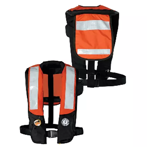 Mustang Survival Corp Inflatable PFD with HIT (Auto Hydrostatic) with Back Flap and Solas Reflective Tape, Orange/Black