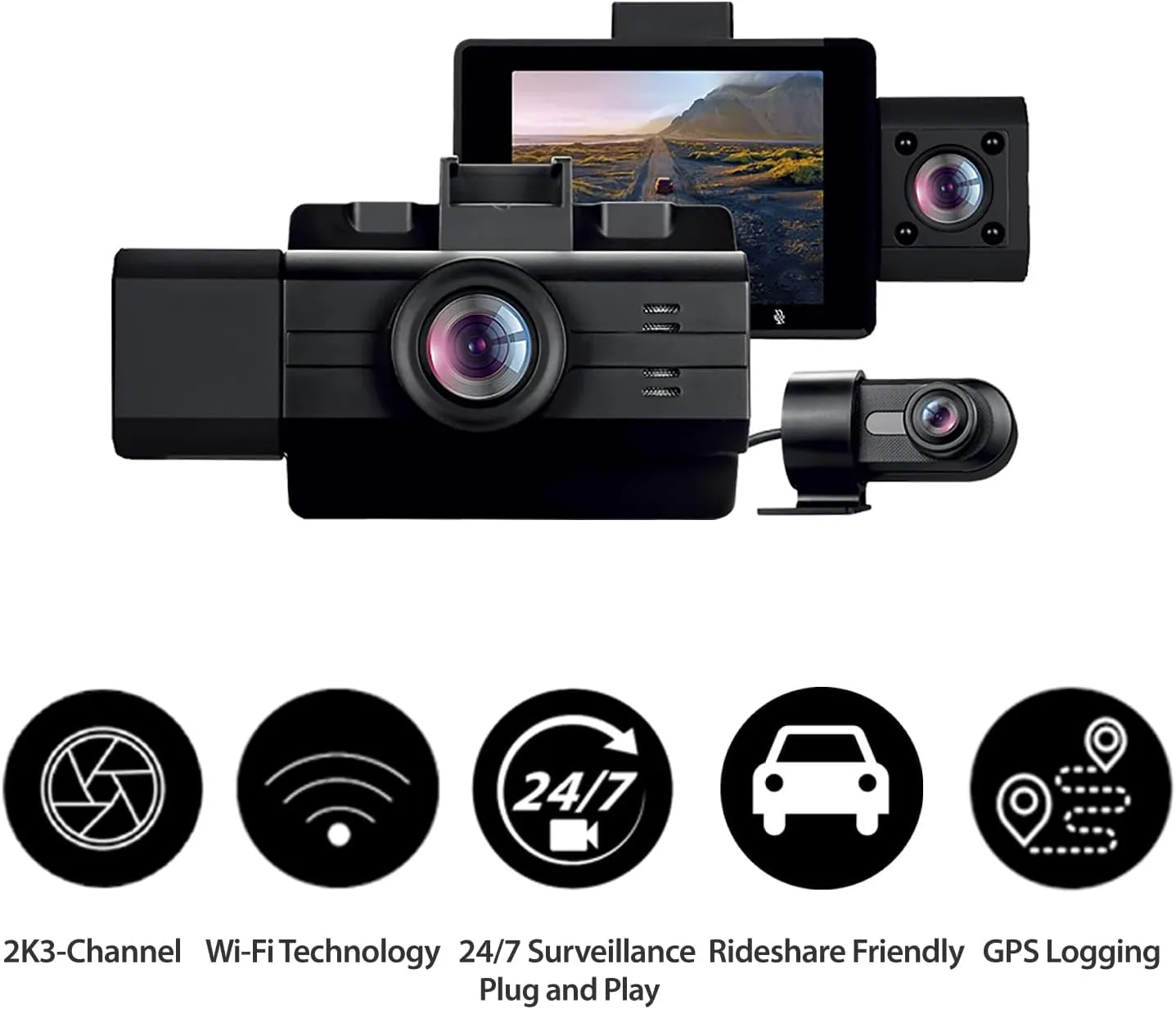 myGEKOgear Scout Pro 2K 3-Channel Dash Cam Surveillance Edition with Front, Cabin and Rear Views