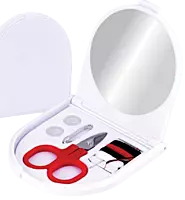 Folding mirror with sewing kit