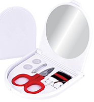 Folding mirror with sewing kit