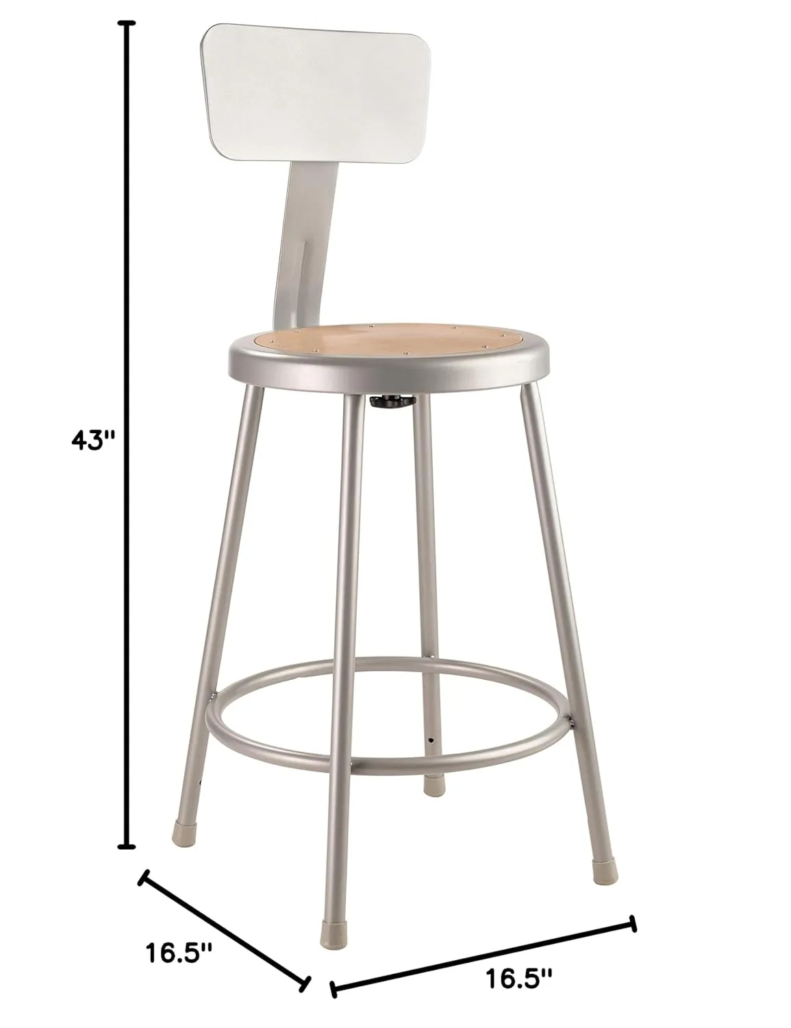 National Public Seating Steel Stool with 24" Hardboard Seat and Backrest, Grey