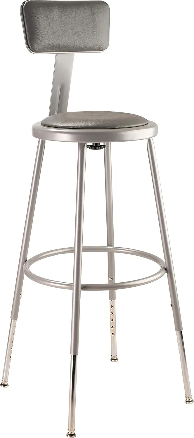 National Public Seating 6424HB Grey Steel Stool with Vinyl Upholstered Seat Adjustable and Backrest, 25"-33"