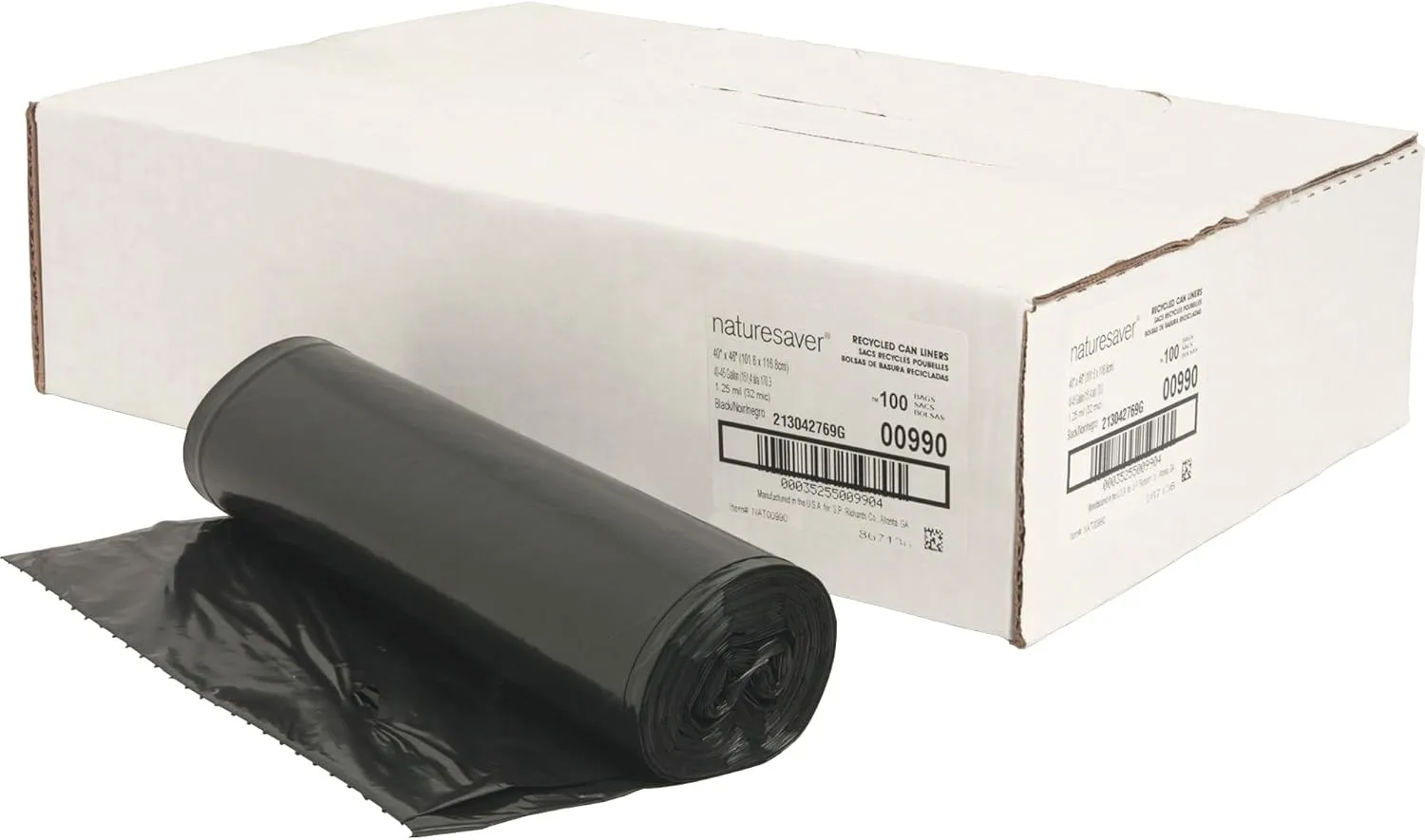 Nature Saver 1.25 mil Can Liners - 45 Gal, 40 x 46 in, 75% Recycled, Box of 100