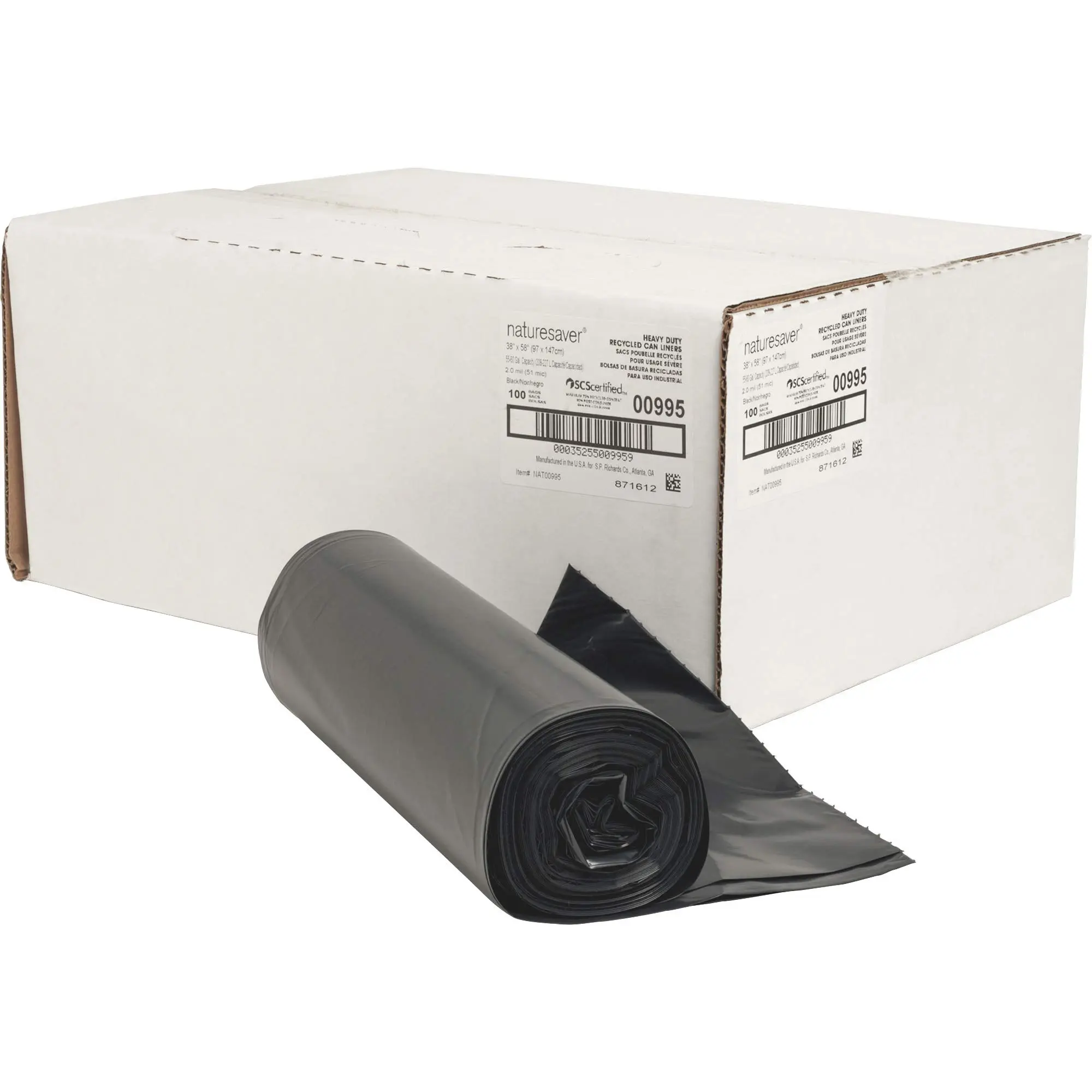 Nature Saver 2 mil Heavy Duty Can Liners, 55 60 Gallons, 38in x 58in, 75% Recycled, Black, Box Of 100