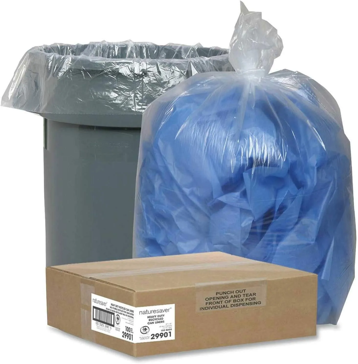 Nature Saver Trash Can Liners, 45 Gallon, 30% Recycled, Clear, 100 Count