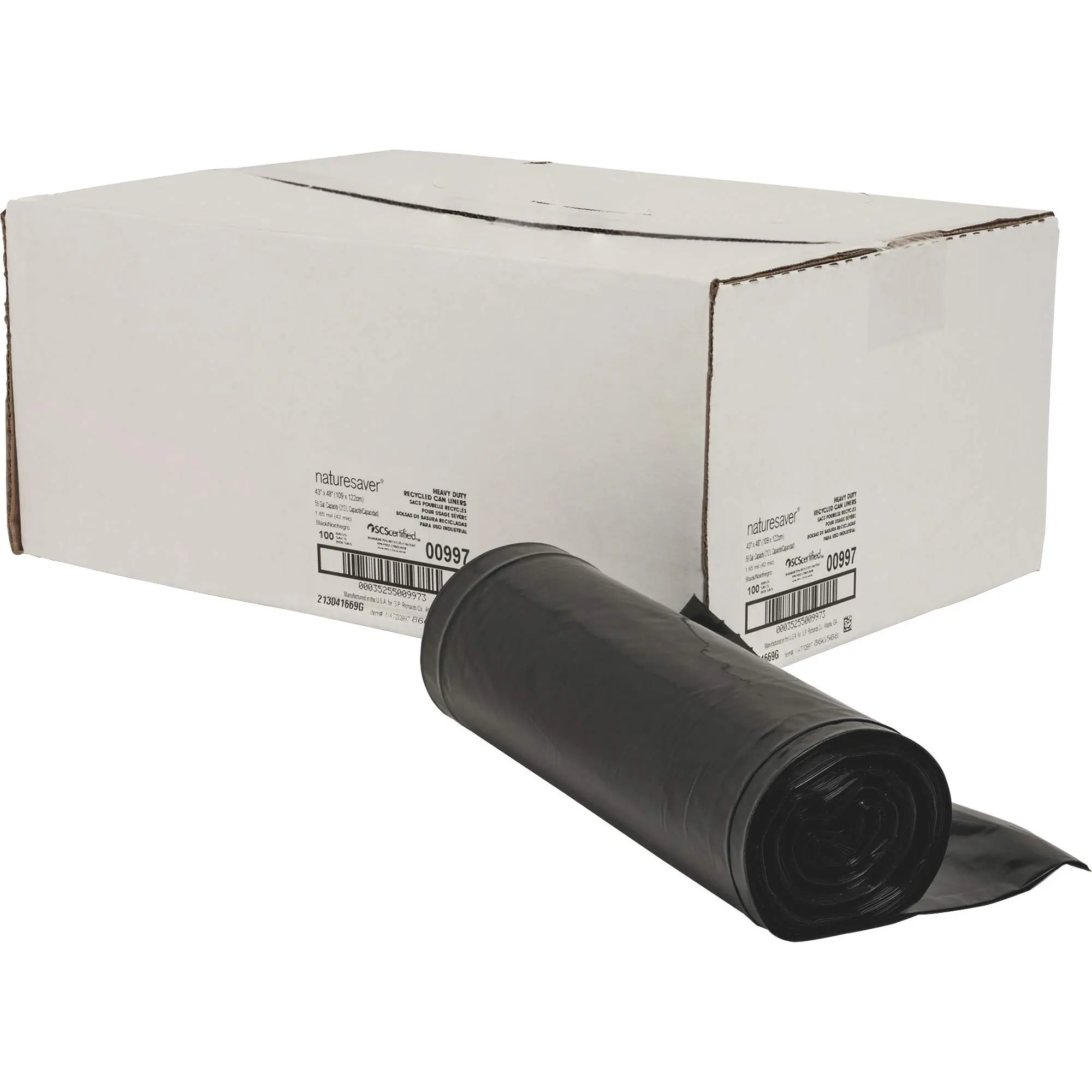 Nature Saver 1.65 mil Heavy Duty Can Liners, 56 Gallons, 43in x 48in, Box of 100