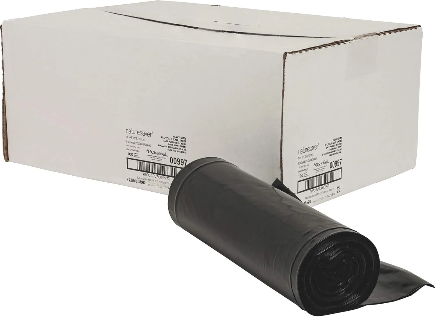 Nature Saver 1.65 mil Heavy Duty Can Liners, 56 Gallons, 43in x 48in, Box of 100