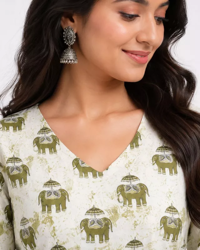 Women's Off-White Elephant Print Cotton Bell Sleeve Kurti