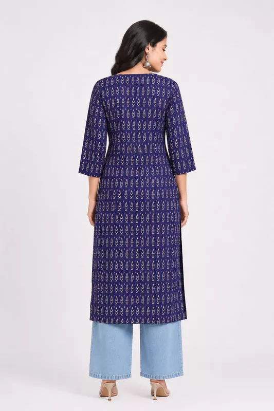 Women's Navy Blue Geometric Printed Cotton Straight Kurti