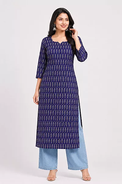 Women's Navy Blue Geometric Printed Cotton Straight Kurti