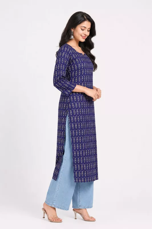 Women's Navy Blue Geometric Printed Cotton Straight Kurti