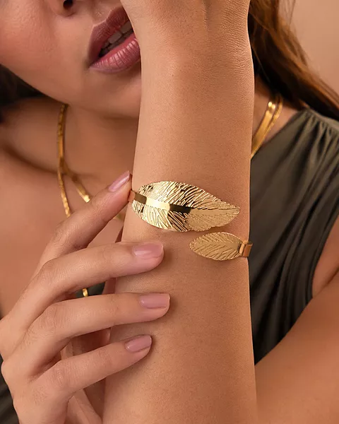 Textured Dual Leaf Gold Adjustable Cuff Bracelet