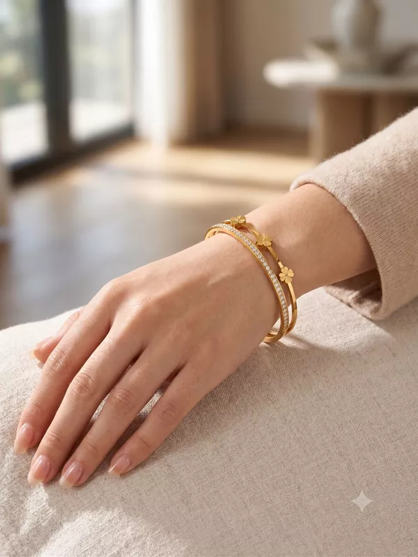 Dual Layer Gold Clover & Cubic Zirconia Hinged Bangle Bracelet