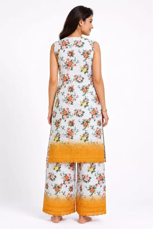Women's White Floral Schiffli Sleeveless Kurta with Palazzo Co-Ord Set