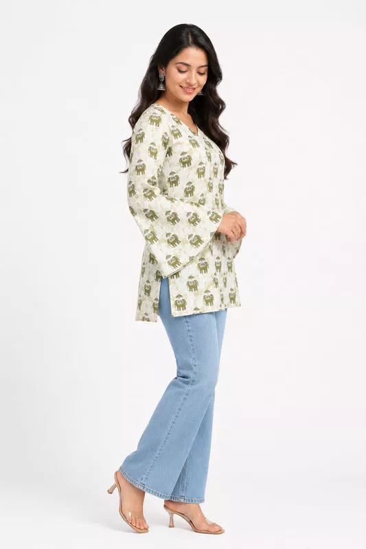 Women's Off-White Elephant Print Cotton Bell Sleeve Kurti