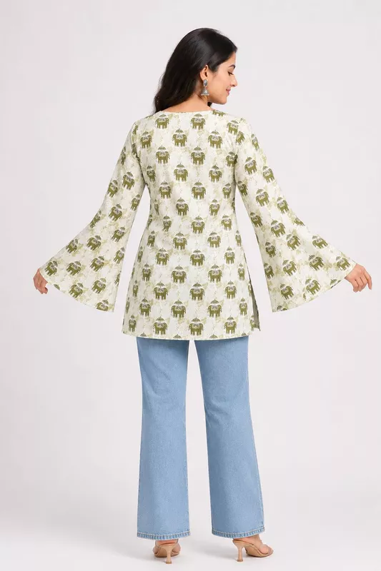 Women's Off-White Elephant Print Cotton Bell Sleeve Kurti