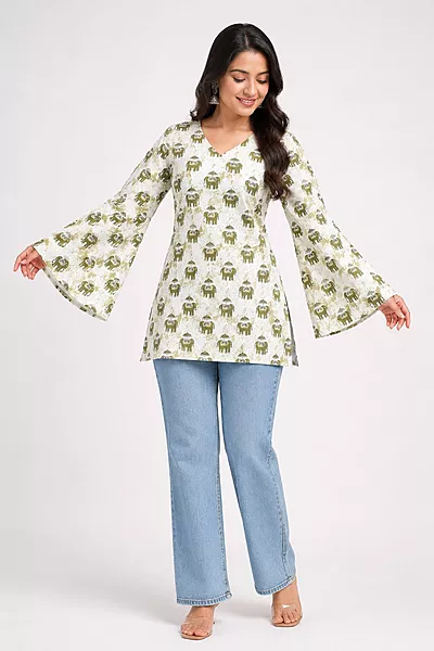 Women's Off-White Elephant Print Cotton Bell Sleeve Kurti