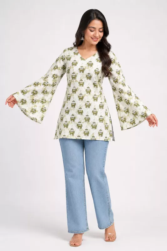 Women's Off-White Elephant Print Cotton Bell Sleeve Kurti
