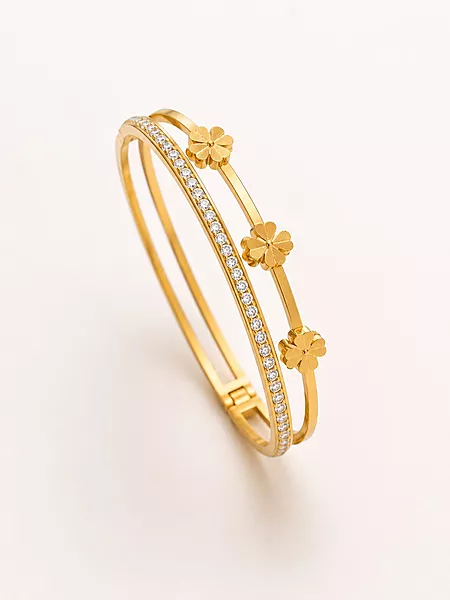 Dual Layer Gold Clover & Cubic Zirconia Hinged Bangle Bracelet