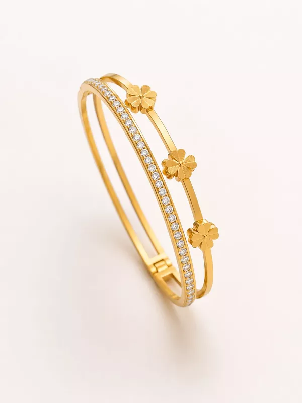 Dual Layer Gold Clover & Cubic Zirconia Hinged Bangle Bracelet