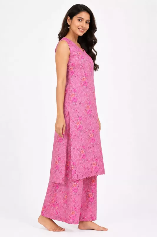 Women's Pink Floral Schiffli Sleeveless Kurta with Palazzo Co-Ord Set