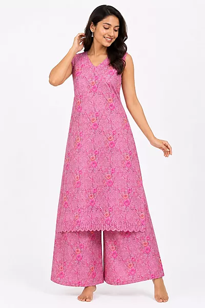 Women's Pink Floral Schiffli Sleeveless Kurta with Palazzo Co-Ord Set
