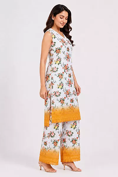 Women's White Floral Schiffli Sleeveless Kurta with Palazzo Co-Ord Set