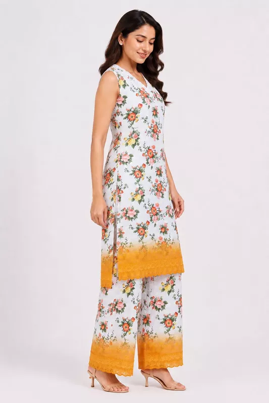 Women's White Floral Schiffli Sleeveless Kurta with Palazzo Co-Ord Set