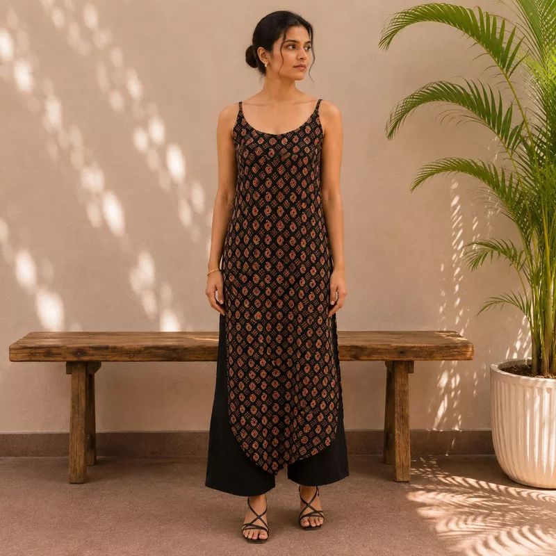 Women Black Geometric Printed Cotton Kurti Straight Fit Casual Ethnic Wear | Navande