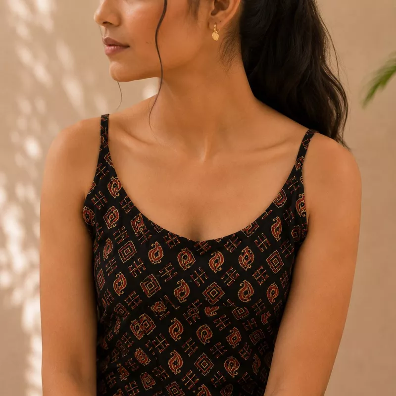 Women Black Geometric Printed Cotton Kurti Straight Fit Casual Ethnic Wear | Navande