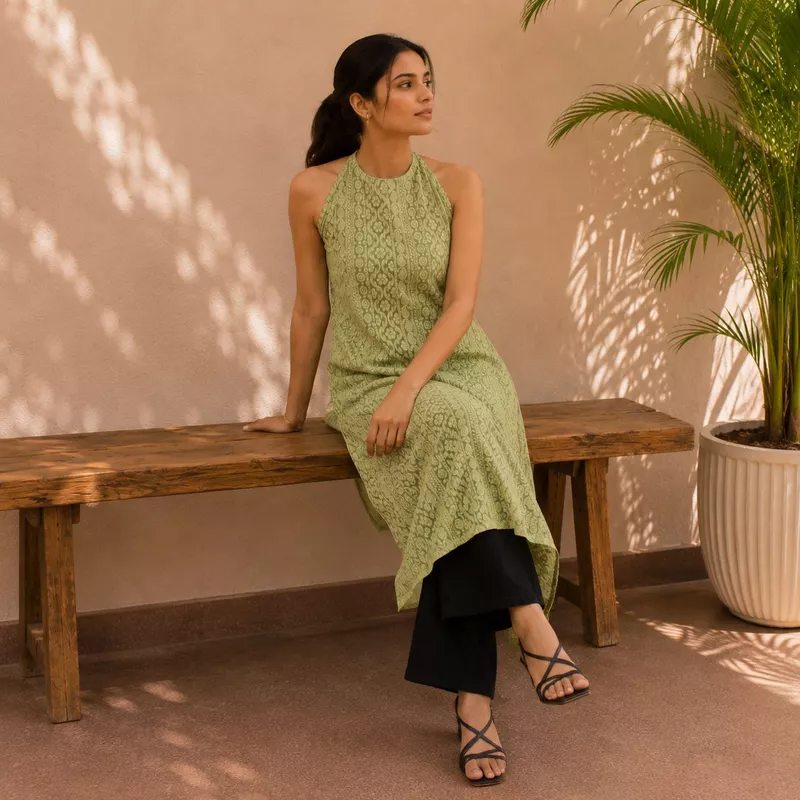 Women Pista Green Georgette Chikankari Kurta Straight Fit Ethnic Wear | Navande