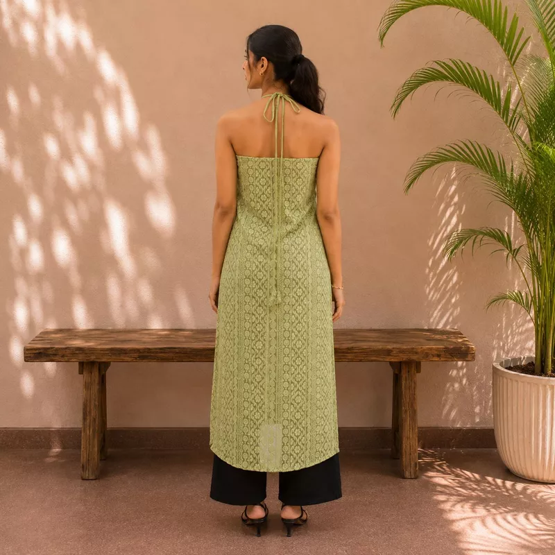 Women Pista Green Georgette Chikankari Kurta Straight Fit Ethnic Wear | Navande