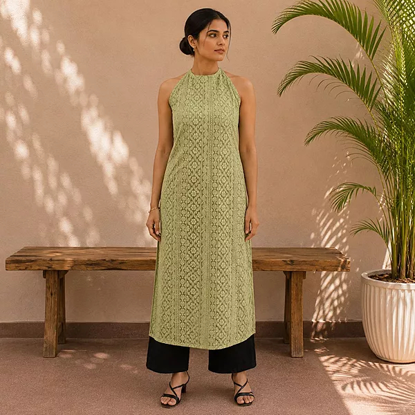 Women Pista Green Georgette Chikankari Kurta Straight Fit Ethnic Wear | Navande