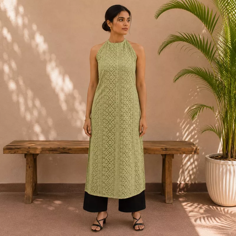 Women Pista Green Georgette Chikankari Kurta Straight Fit Ethnic Wear | Navande