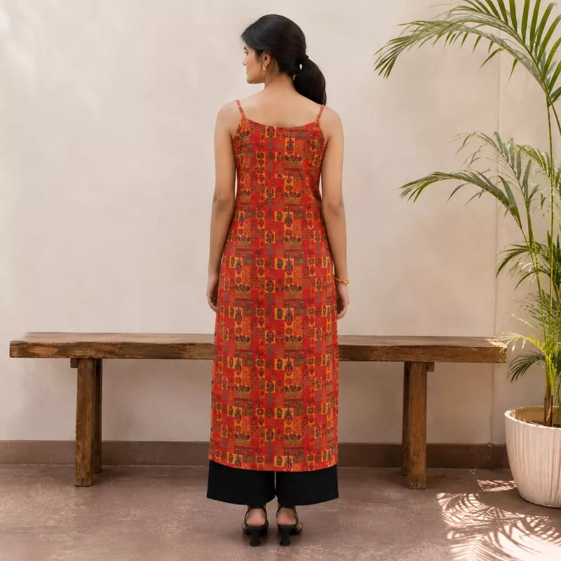 Women Rust Orange Geometric Printed Cotton Kurti Straight Fit Ethnic Wear | Navande