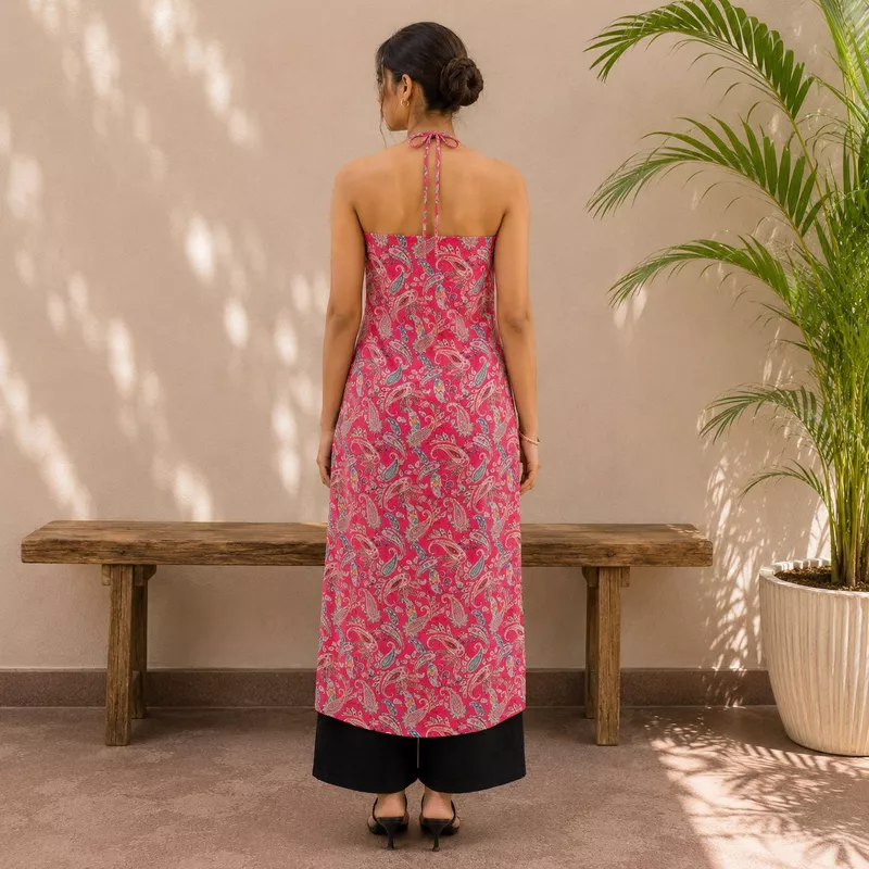 Women Pink Paisley Print Cotton Chikankari Kurti Top Sleeveless Casual Wear | Navande