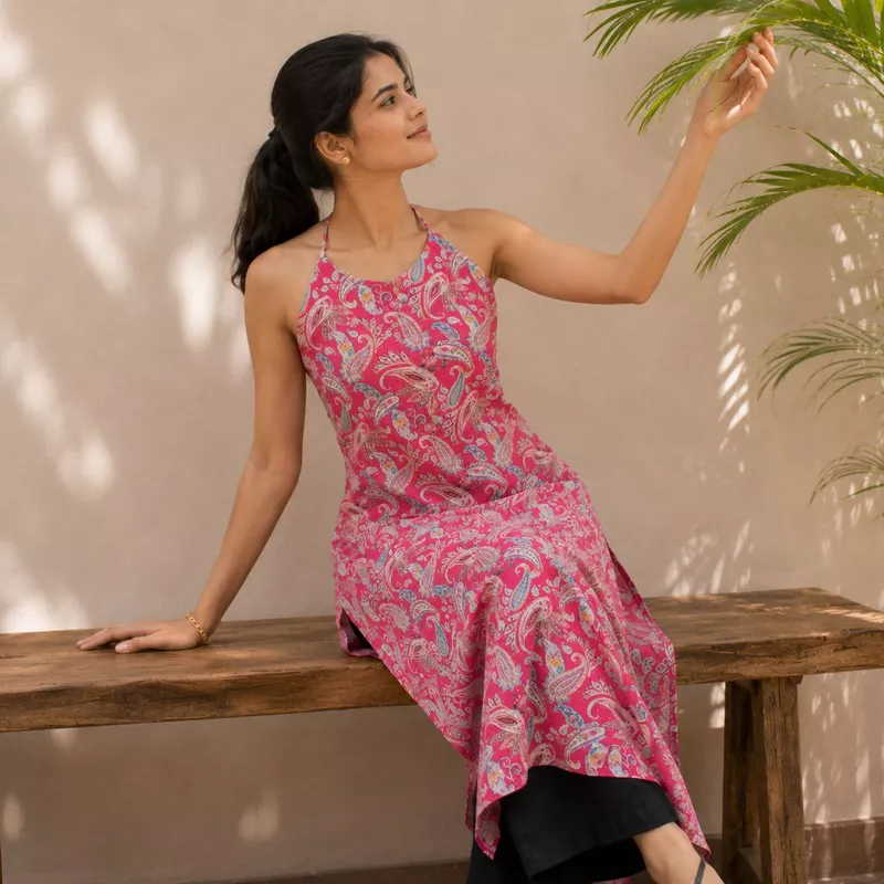 Women Pink Paisley Print Cotton Chikankari Kurti Top Sleeveless Casual Wear | Navande
