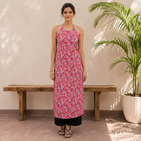 Women Pink Paisley Print Cotton Chikankari Kurti Top Sleeveless Casual Wear | Navande