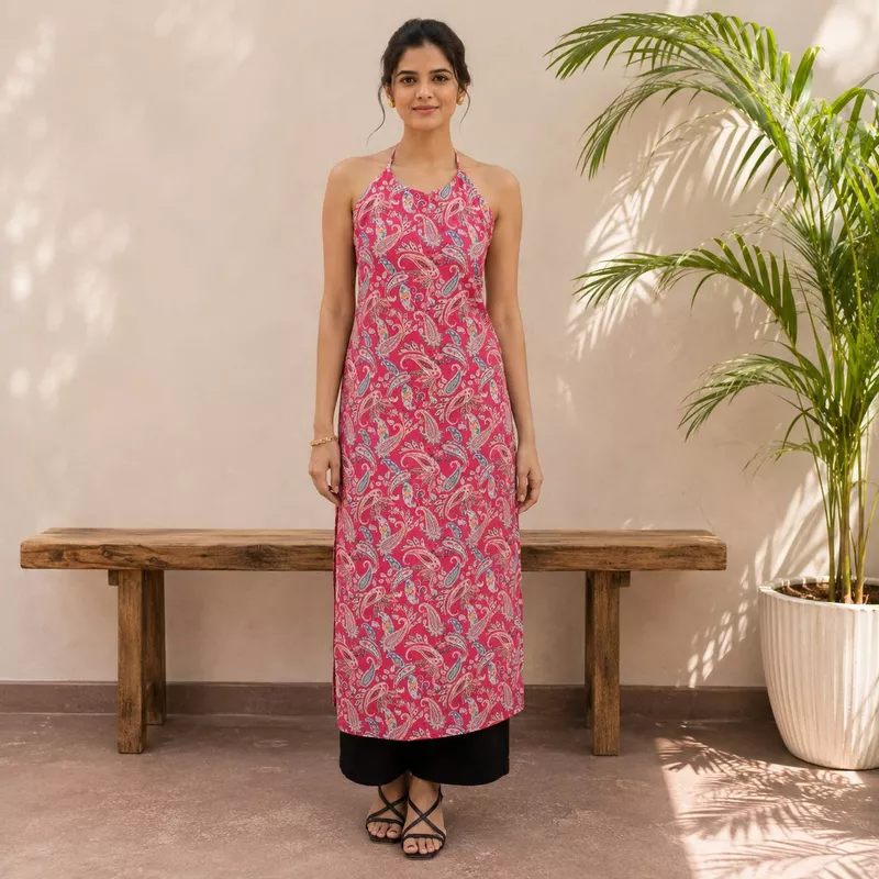 Women Pink Paisley Print Cotton Chikankari Kurti Top Sleeveless Casual Wear | Navande