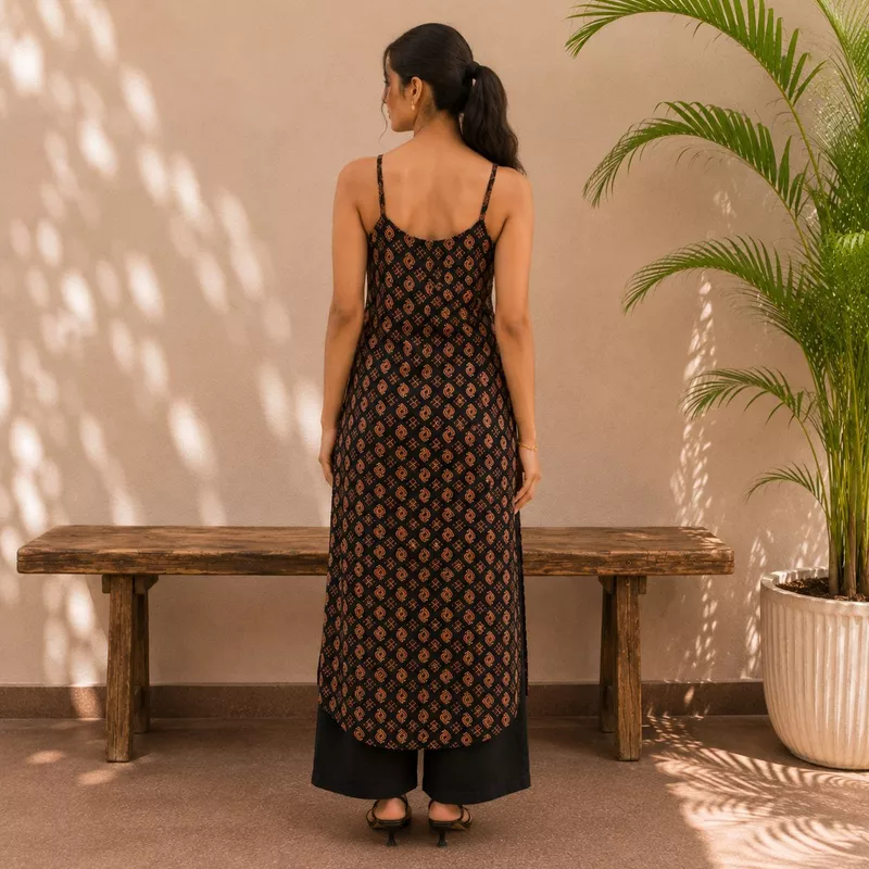 Women Black Geometric Printed Cotton Kurti Straight Fit Casual Ethnic Wear | Navande