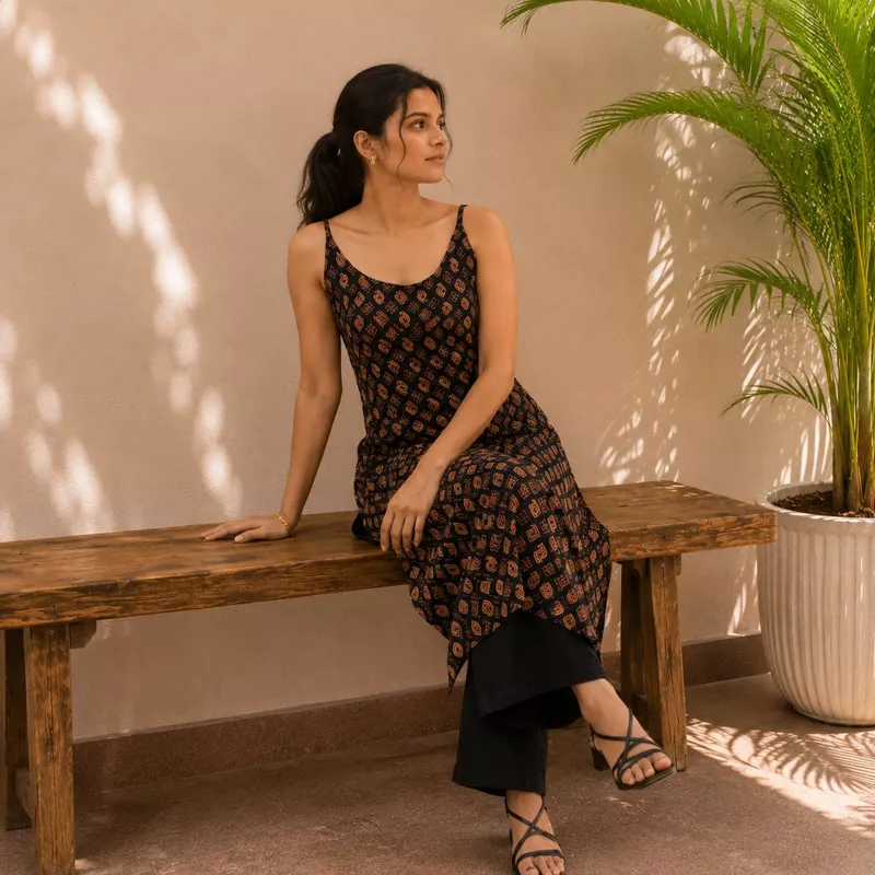 Women Black Geometric Printed Cotton Kurti Straight Fit Casual Ethnic Wear | Navande