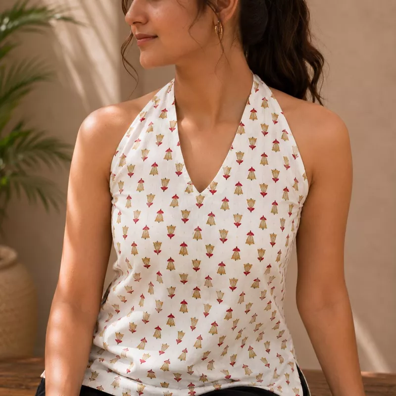 Women White Floral Printed Cotton Halter Neck Top Sleeveless Summer Wear | Navande