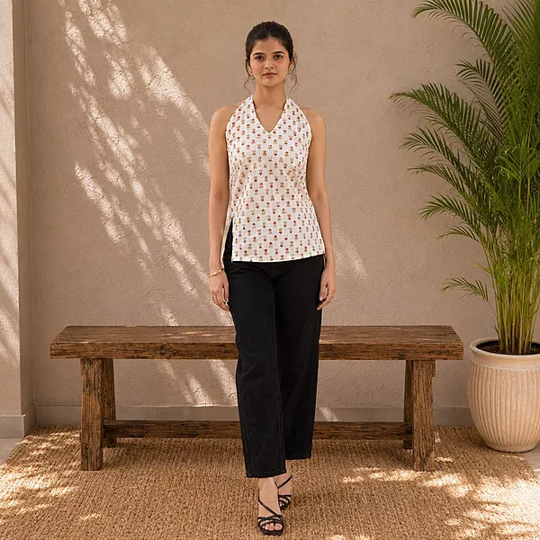 Women White Floral Printed Cotton Halter Neck Top Sleeveless Summer Wear | Navande