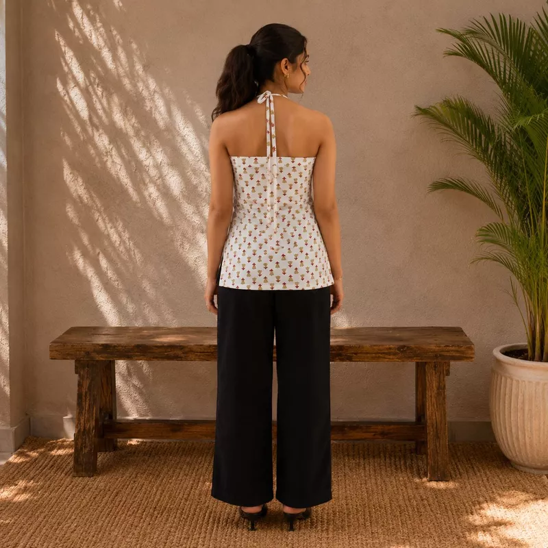 Women White Floral Printed Cotton Halter Neck Top Sleeveless Summer Wear | Navande