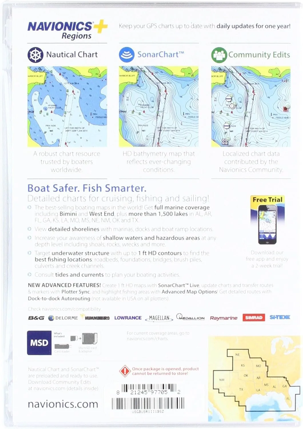 Navionics Plus Regions South Marine and Lake Charts on SD/MSD