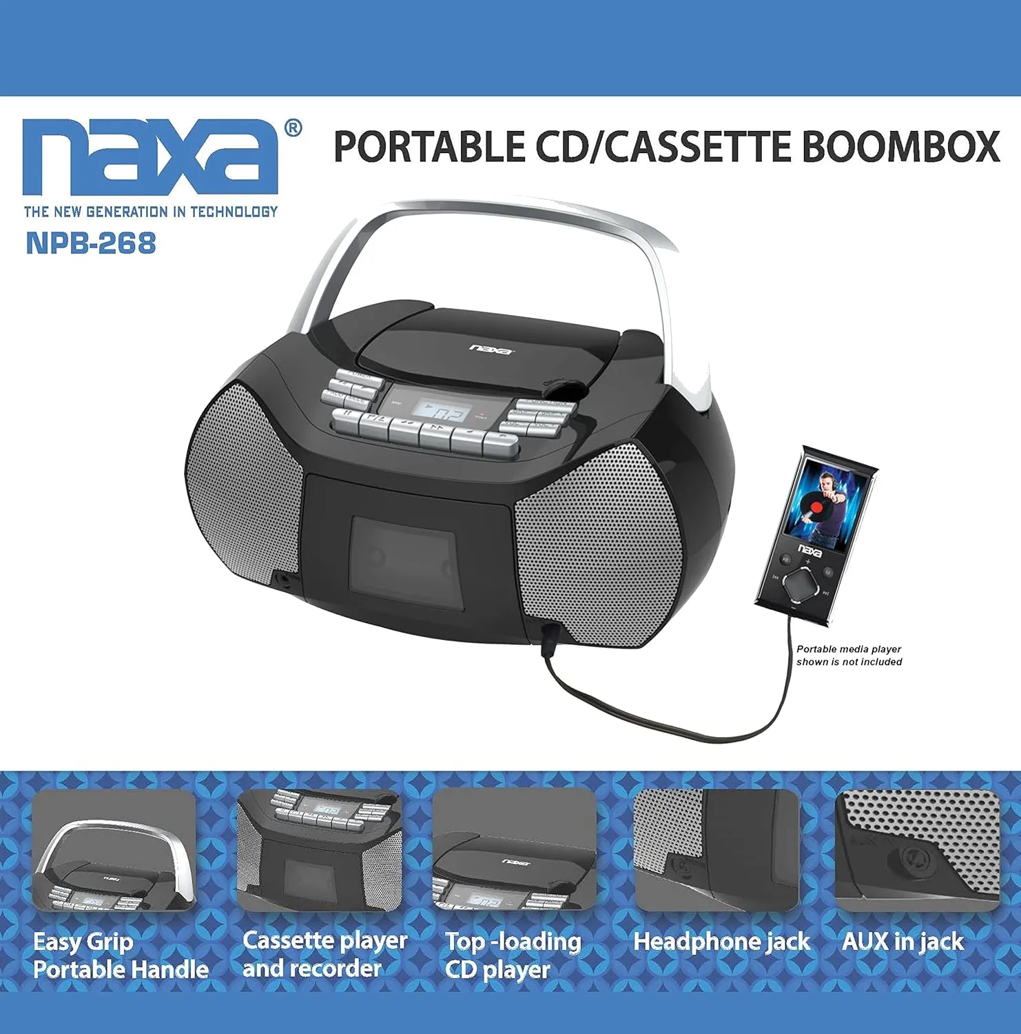 Naxa Electronics NPB-268 Portable CD/Cassette Boombox, Silver/Black