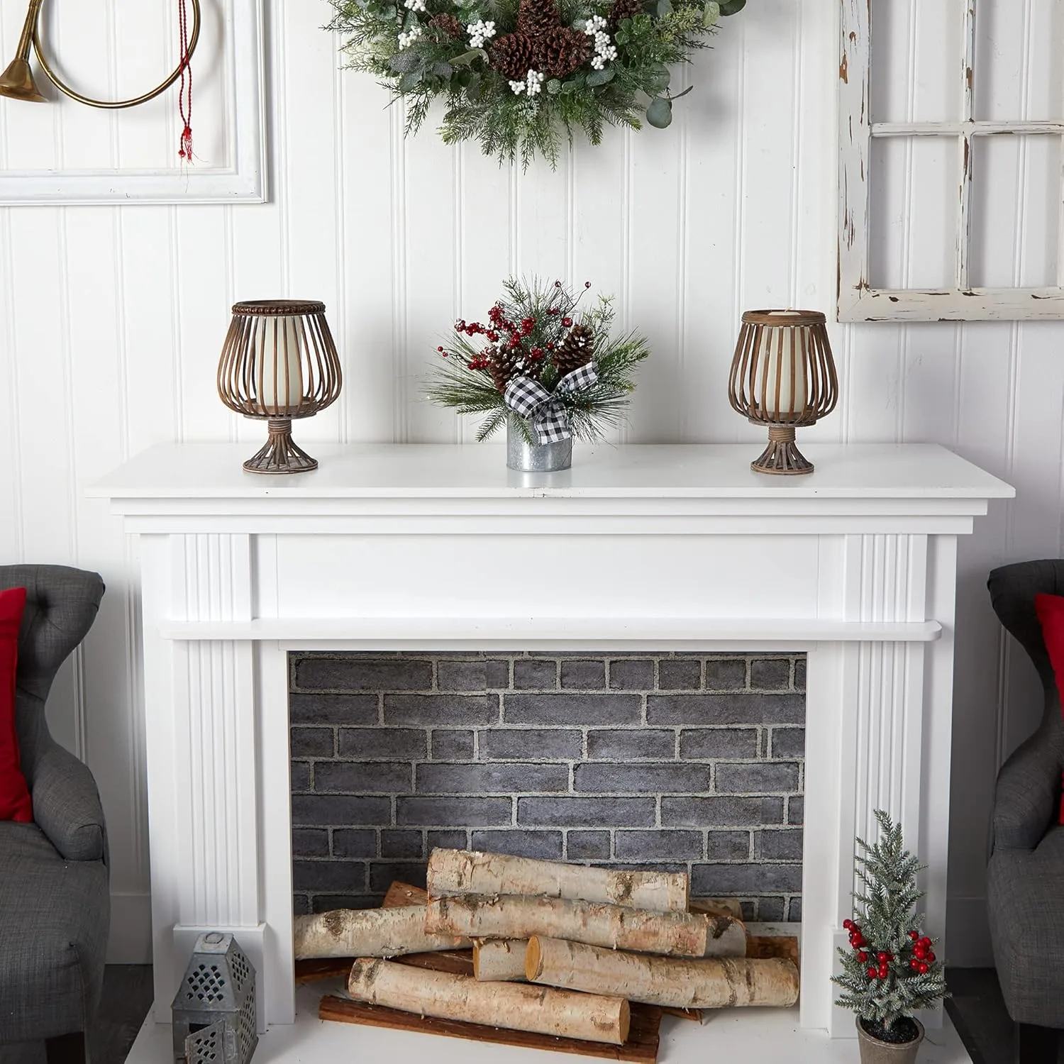 Nearly Natural 12in. Frosted Pinecones and Berries Artificial Arrangement in Vase with Decorative Plaid Bow