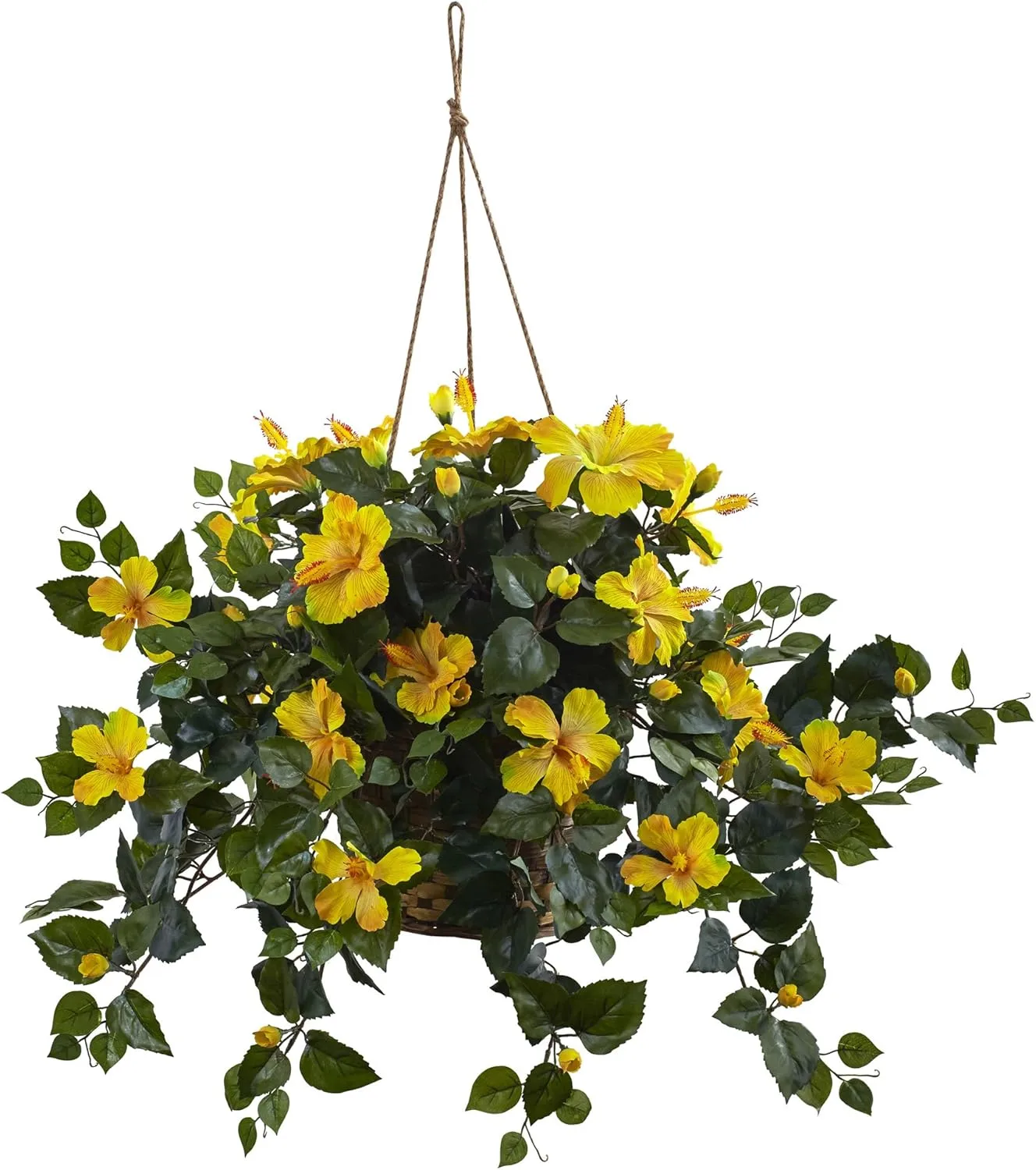 Nearly Natural Hibiscus 22inH Artificial Plant With Hanging Basket, 22inH x 28inW x 24inD, Yellow